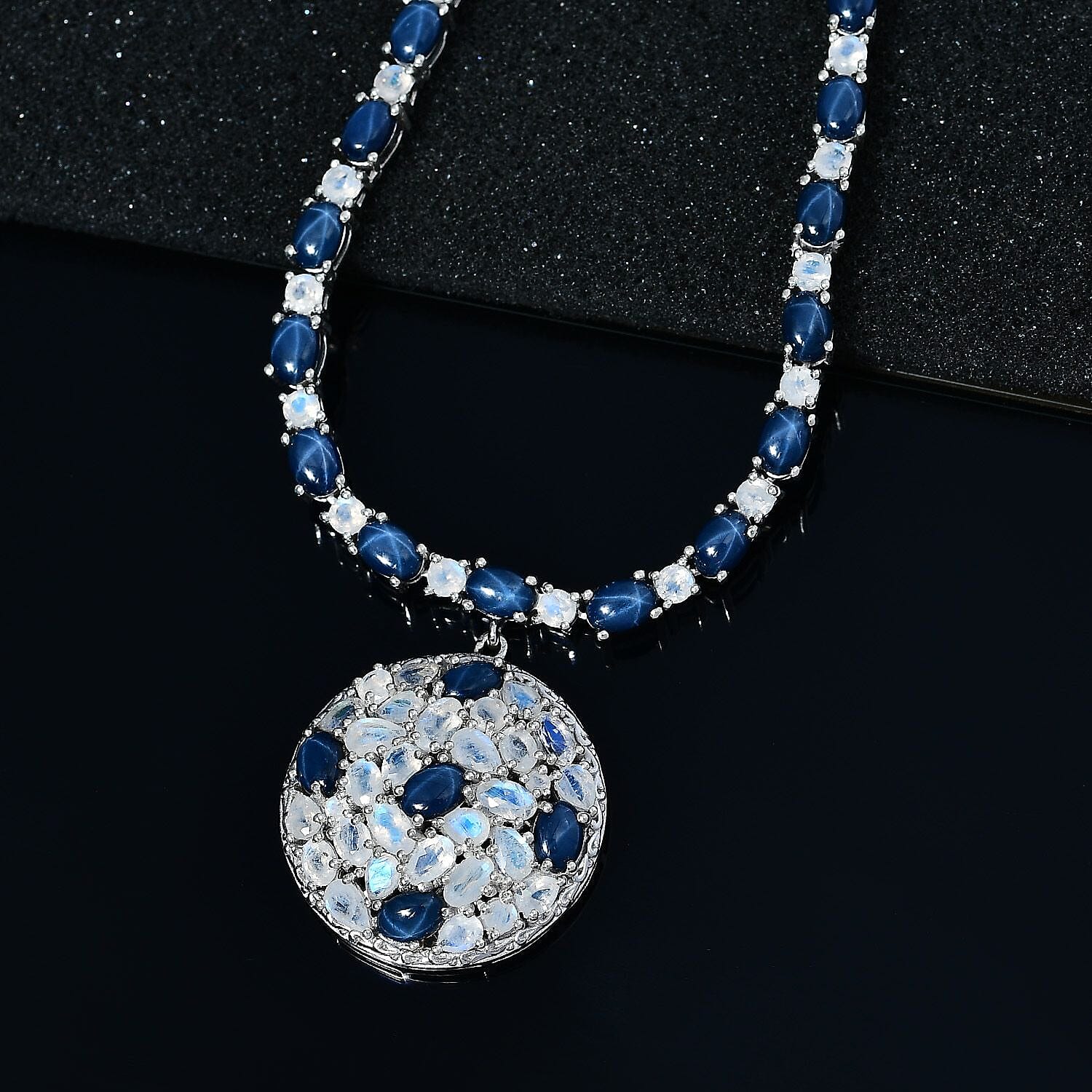 D'Joy Blue Star Sapphire (DF) and Moon Glow Moonstone 28.90 ctw Celestial Necklace 18 Inches in Platinum Over Sterling Silver
