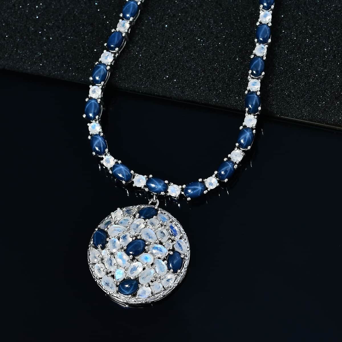 Blue Star Sapphire (DF), Moon Glow Moonstone Necklace (18 Inches) in Platinum Over Sterling Silver 28.90 ctw image number 2