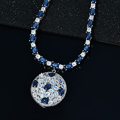 D'Joy Blue Star Sapphire (DF) and Moon Glow Moonstone 28.90 ctw Celestial Necklace 18 Inches in Platinum Over Sterling Silver