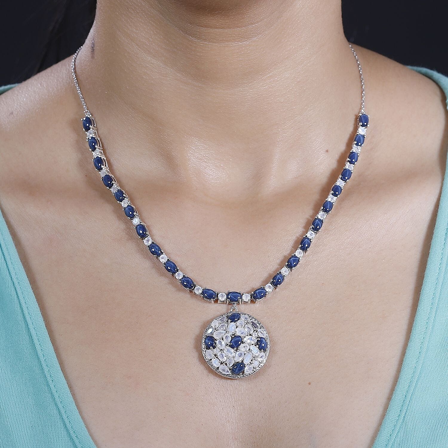 D'Joy Blue Star Sapphire (DF) and Moon Glow Moonstone 28.90 ctw Celestial Necklace 18 Inches in Platinum Over Sterling Silver