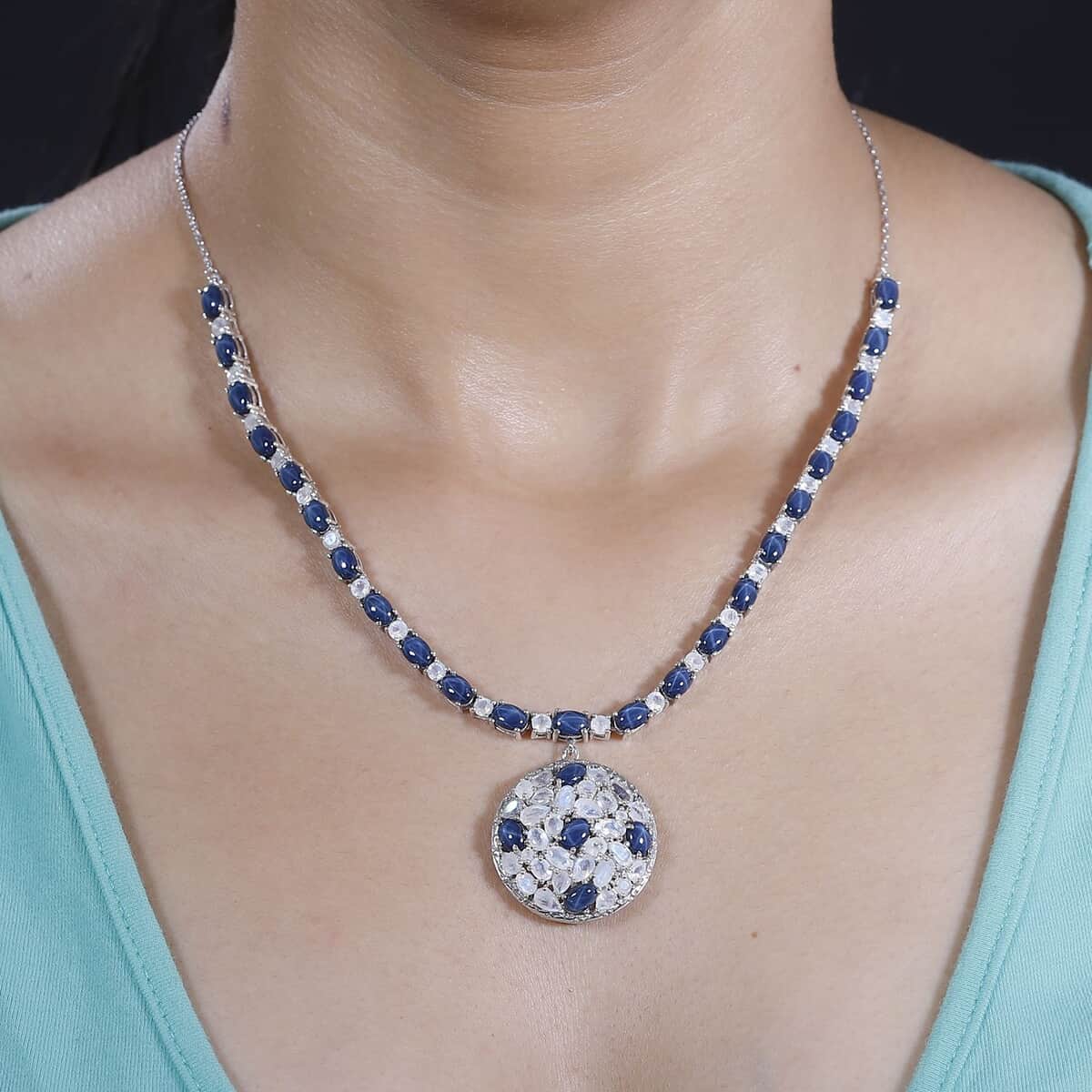 Blue Star Sapphire (DF) and Moon Glow Moonstone 28.90 ctw Celestial Necklace 18 Inches in Platinum Over Sterling Silver image number 3