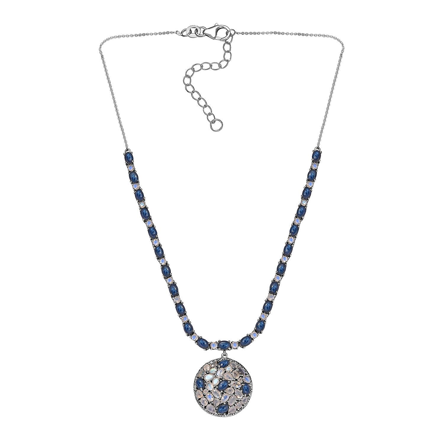 D'Joy Blue Star Sapphire (DF) and Moon Glow Moonstone 28.90 ctw Celestial Necklace 18 Inches in Platinum Over Sterling Silver