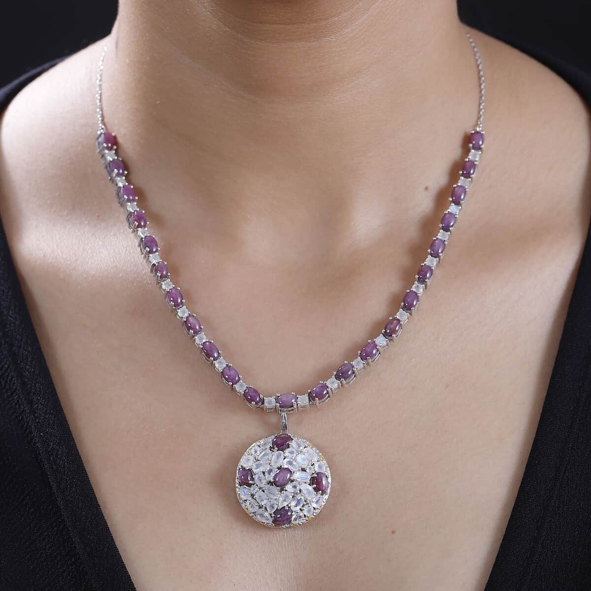 Indian Star Ruby and Moon Glow Moonstone 32.20 ctw Celestial Necklace 18 Inches in Platinum Over Sterling Silver image number 2