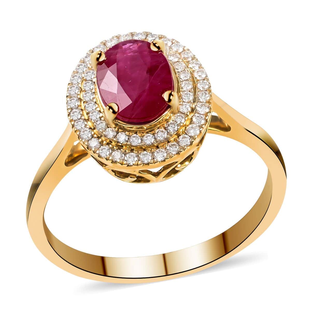 Certified & Appraised Iliana 18K Yellow Gold AAA Ruby and G-H SI Diamond Double Halo Ring (Size 5.0) 4.30 Grams 1.60 ctw image number 0