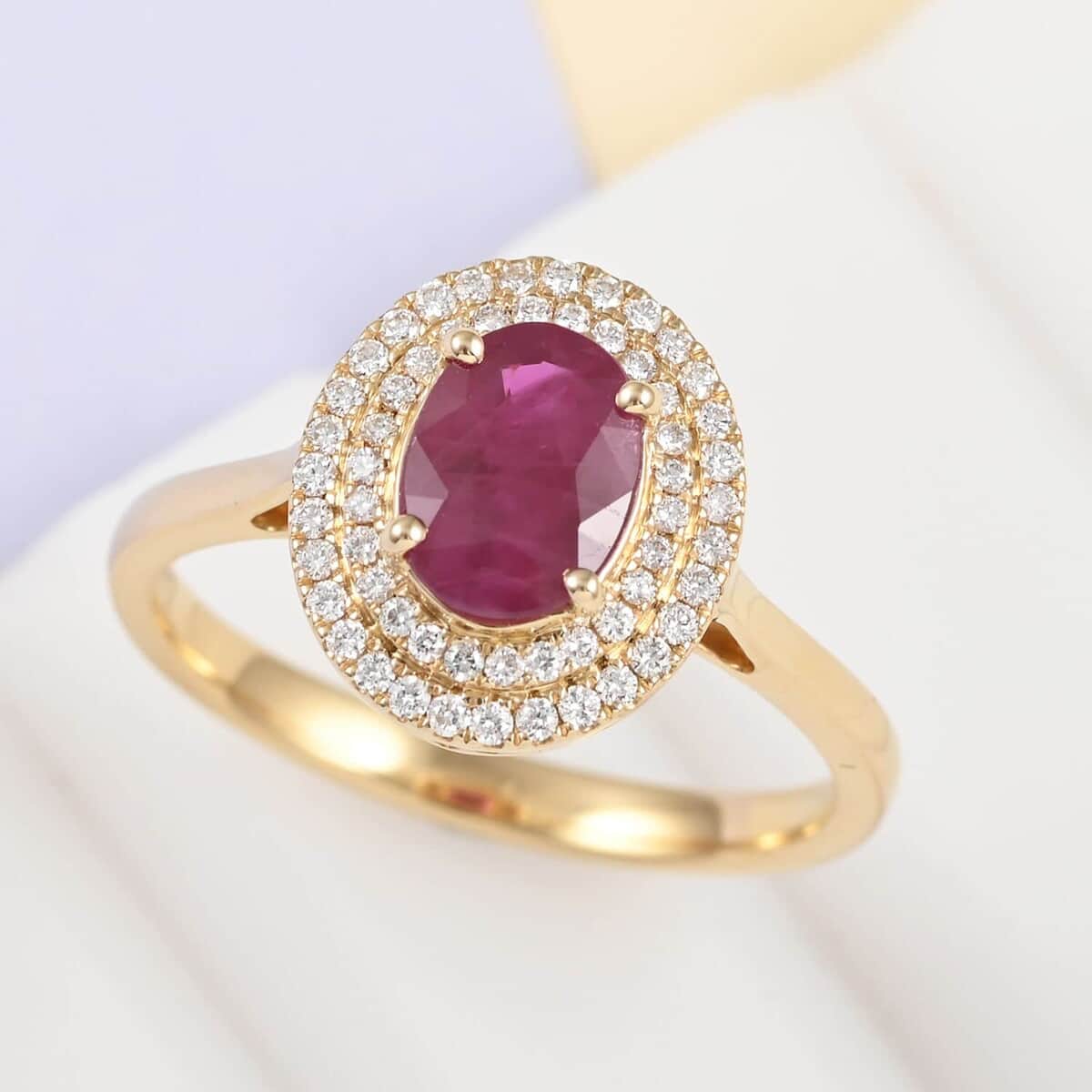 Certified & Appraised Iliana 18K Yellow Gold AAA Ruby and G-H SI Diamond Double Halo Ring (Size 5.0) 4.30 Grams 1.60 ctw image number 1