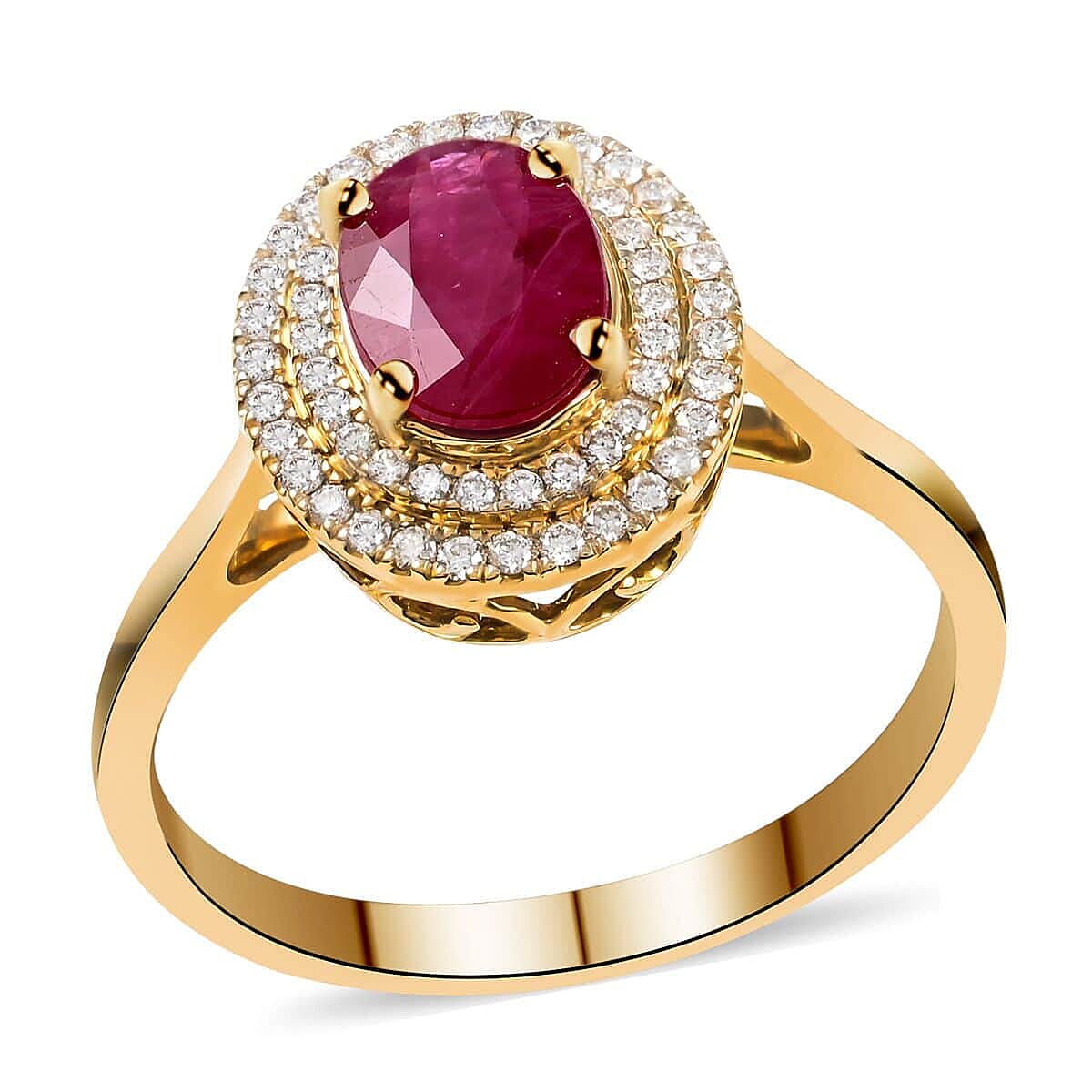 Certified & Appraised Iliana 18K Yellow Gold AAA Ruby and G-H SI Diamond Double Halo Ring (Size 5.5) 4.30 Grams 1.60 ctw image number 0