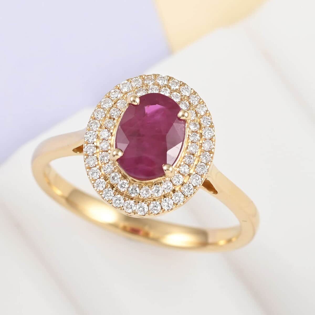 Certified & Appraised Iliana 18K Yellow Gold AAA Ruby and G-H SI Diamond Double Halo Ring (Size 5.5) 4.30 Grams 1.60 ctw image number 1