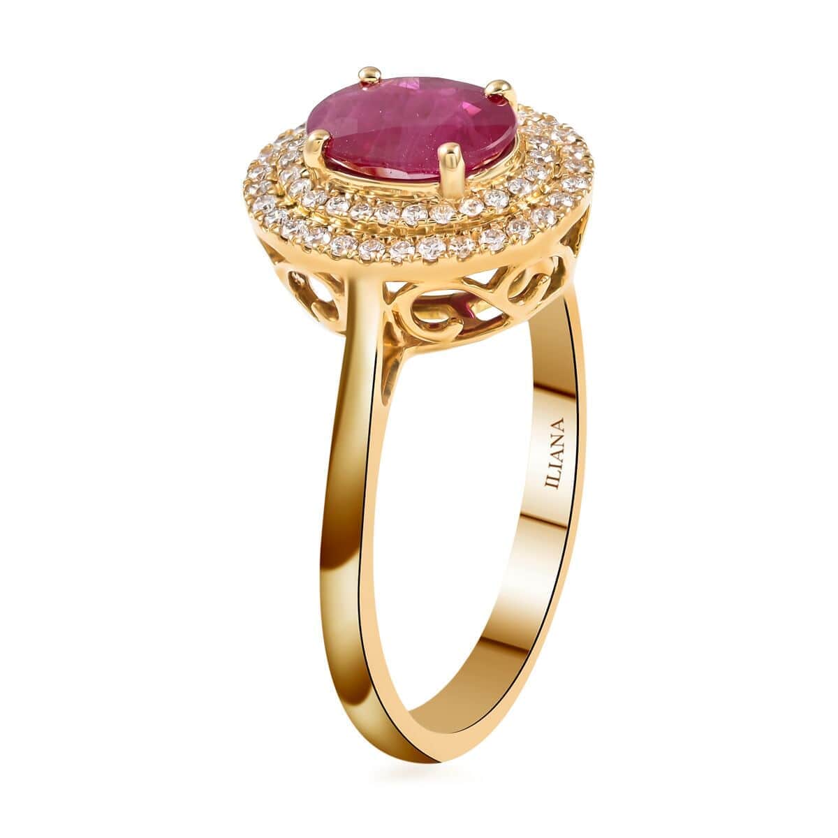 Certified & Appraised Iliana 18K Yellow Gold AAA Ruby and G-H SI Diamond Double Halo Ring (Size 5.5) 4.30 Grams 1.60 ctw image number 3