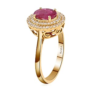 Certified & Appraised Iliana 18K Yellow Gold AAA Ruby and G-H SI Diamond Double Halo Ring (Size 6.5) 4.30 Grams 1.60 ctw