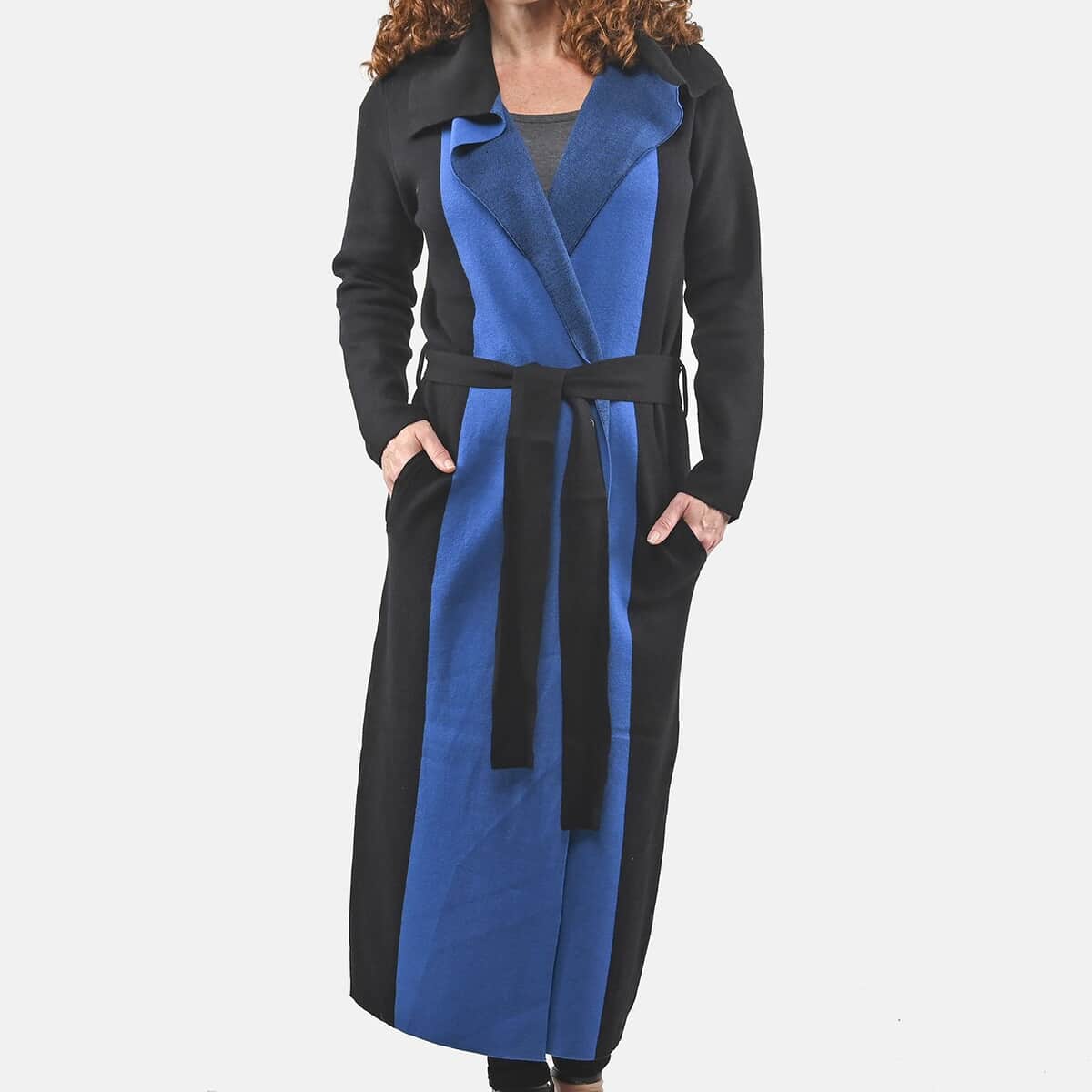 Badgley Mischka Blue and Black Colorblock Trench Sweater - M image number 4