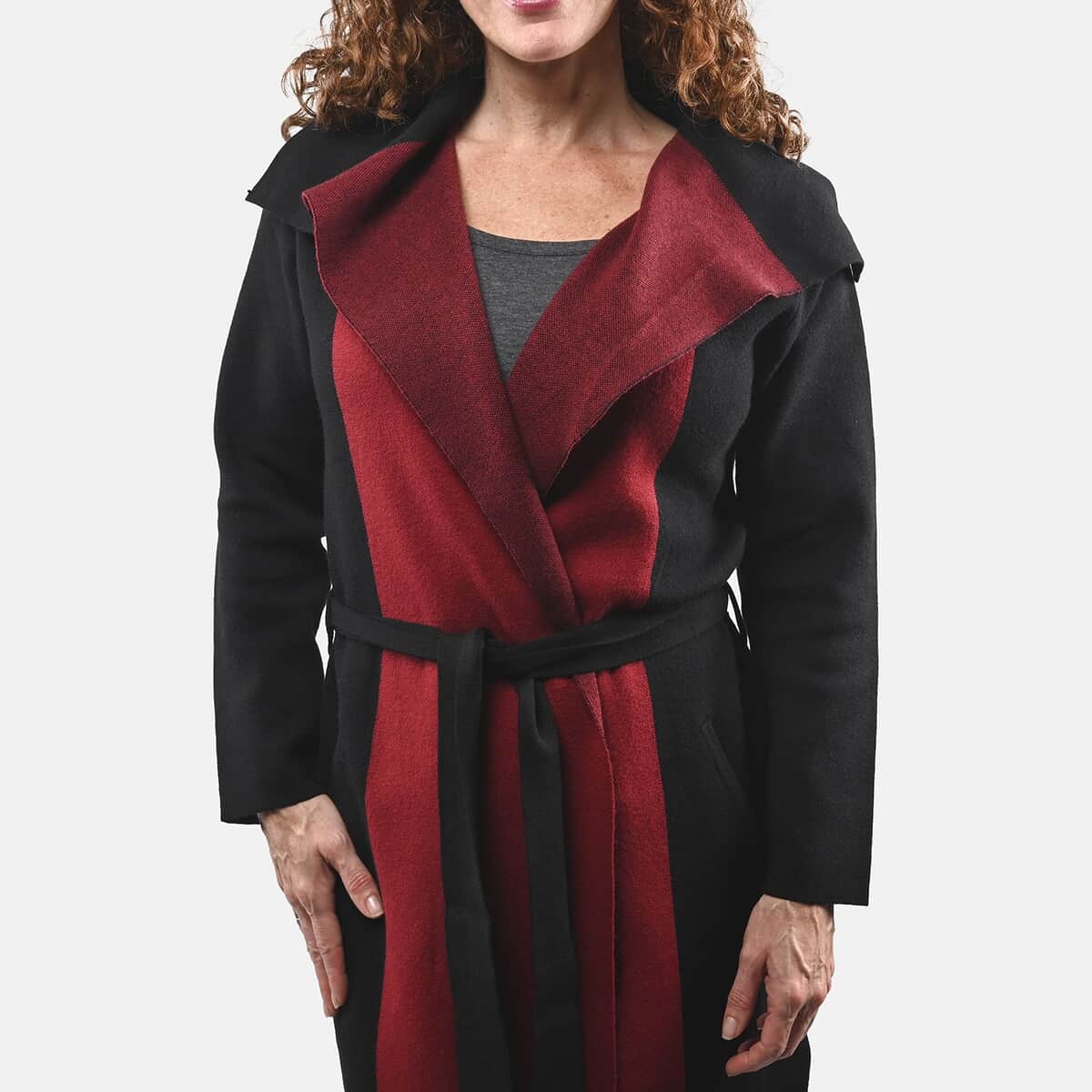 Badgley Mischka Red and Black Colorblock Trench Sweater - L image number 4