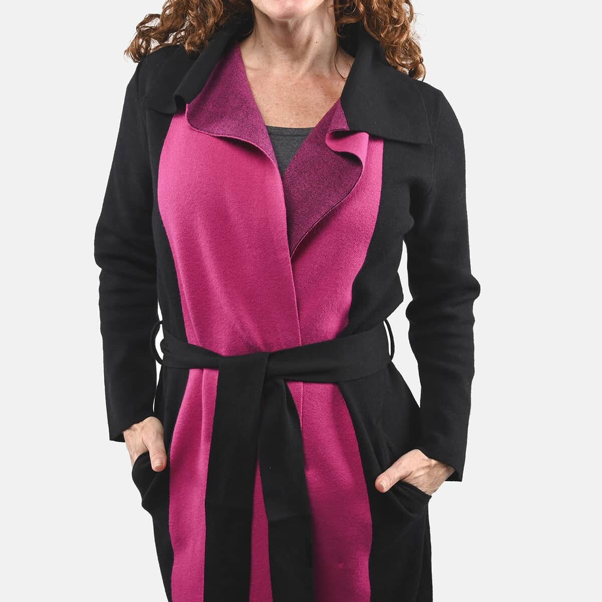 Badgley Mischka Pink and Black Colorblock Trench Sweater - L image number 4