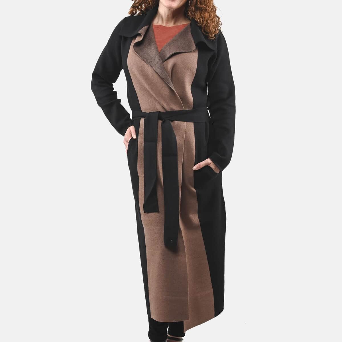 Badgley Mischka Camel and Black Colorblock Trench Sweater - S image number 4