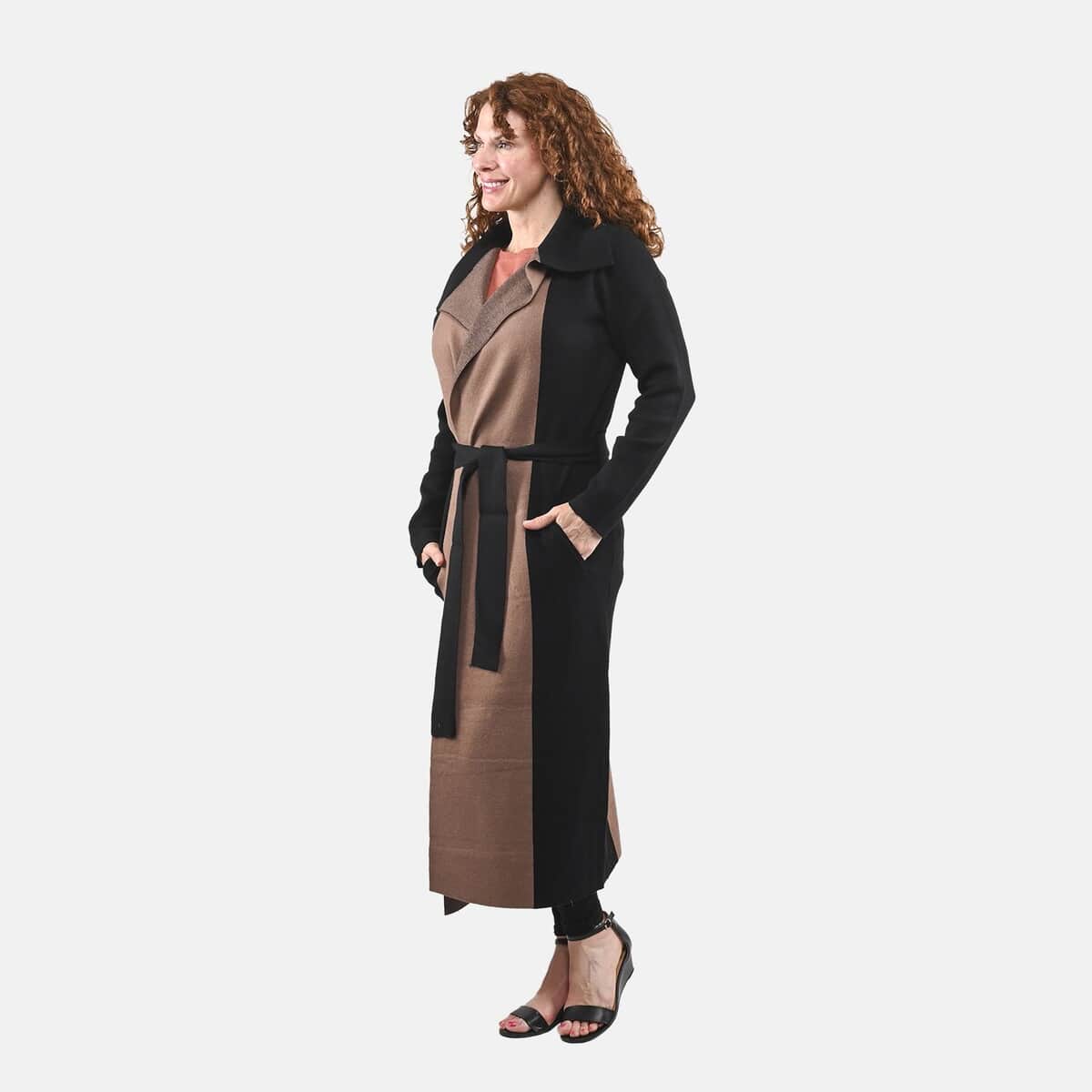 Badgley Mischka Camel and Black Colorblock Trench Sweater - M image number 2