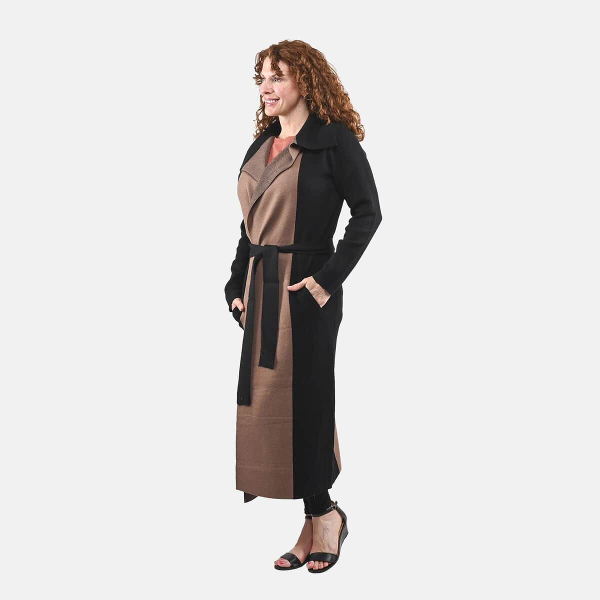 Badgley Mischka Camel and Black Colorblock Trench Sweater - L image number 2