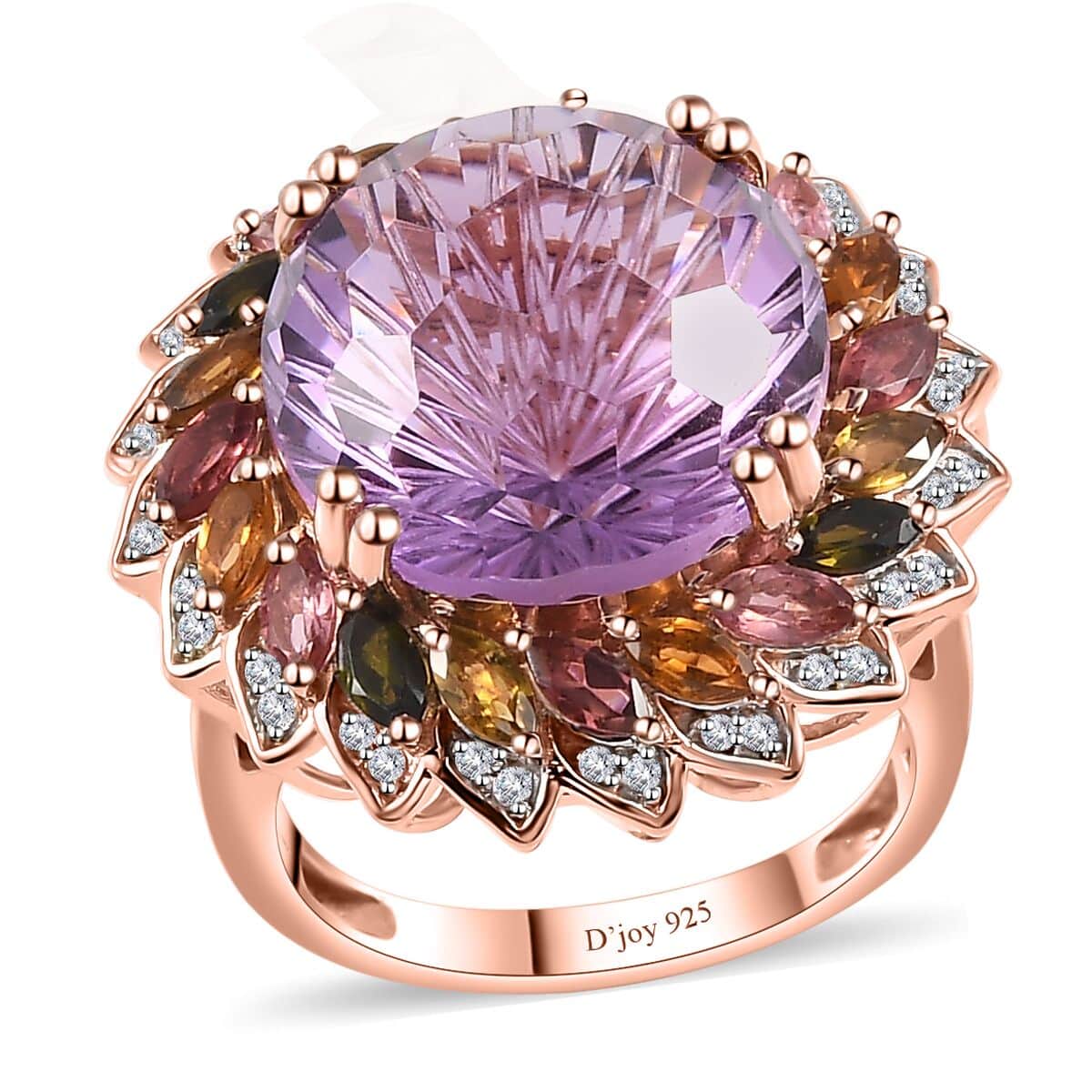 Starburst Cut Rose De France Amethyst and Multi-Tourmaline, White Zircon Floral Ring in Vermeil Rose Gold Over Sterling Silver (Size 10.0) 14.40 ctw image number 0