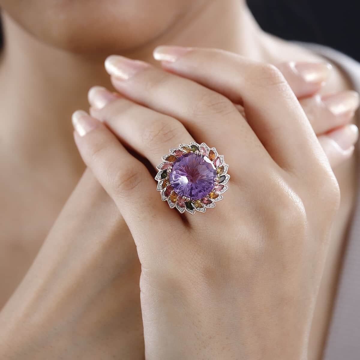 Starburst Cut Rose De France Amethyst and Multi-Tourmaline, White Zircon Floral Ring in Vermeil Rose Gold Over Sterling Silver (Size 10.0) 14.40 ctw image number 2