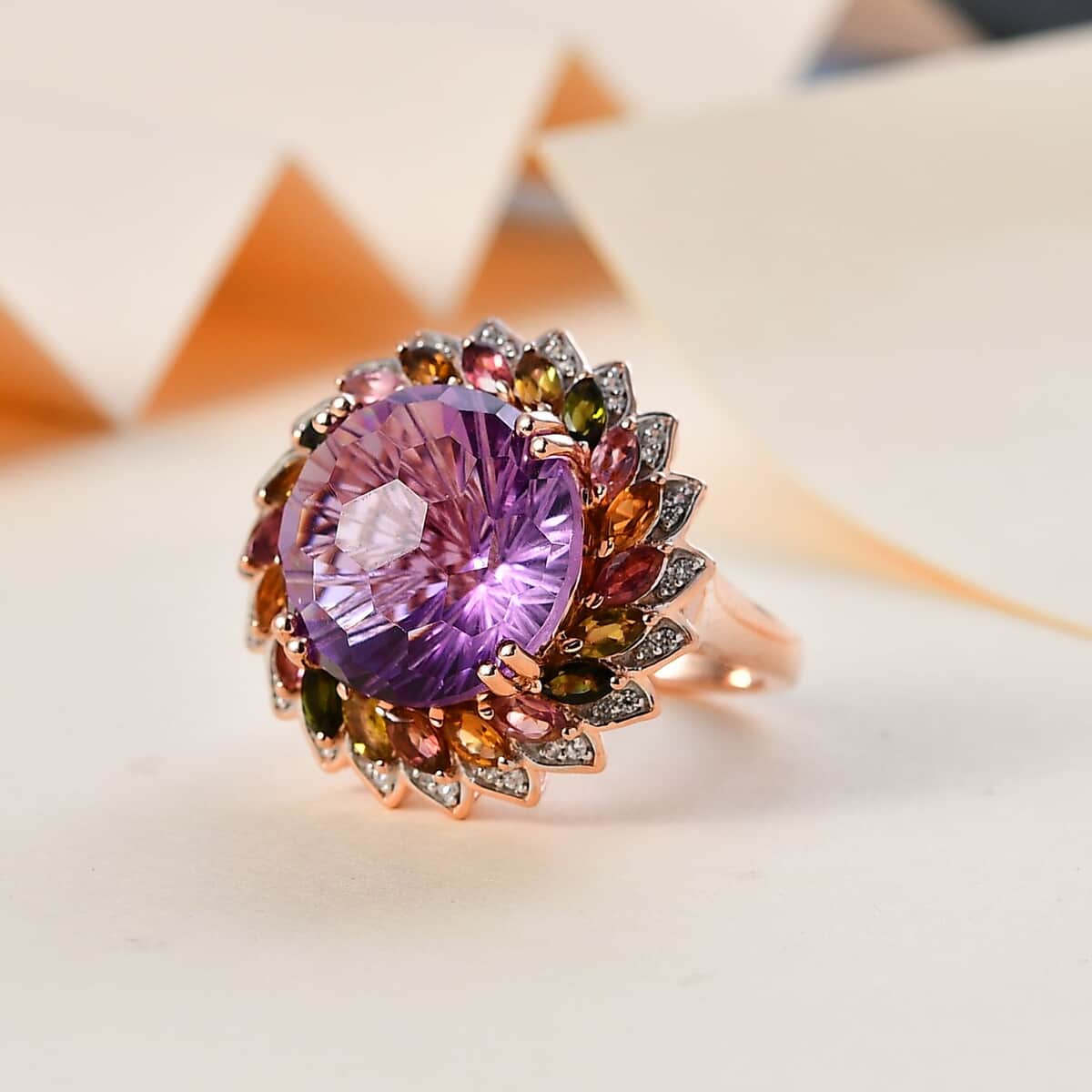 Starburst Cut Rose De France Amethyst and Multi-Tourmaline, White Zircon Floral Ring in Vermeil Rose Gold Over Sterling Silver (Size 6.0) 14.40 ctw image number 1