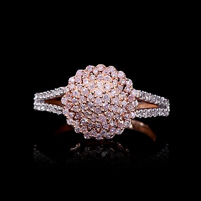 Natural Pink and White Diamond I3 Floral Ring in Vermeil Rose Gold Over Sterling Silver (Size 6.0) 0.50 ctw