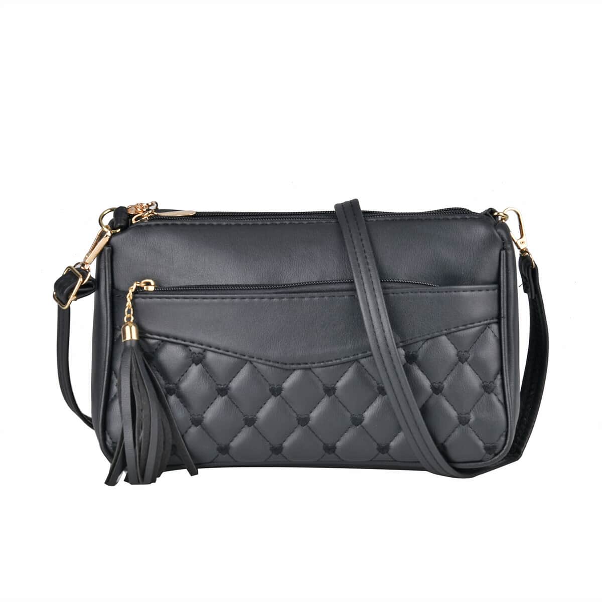 Black Faux Leather Quilted Pattern Crossbody Bag with Detachable Shoulder Strap image number 0