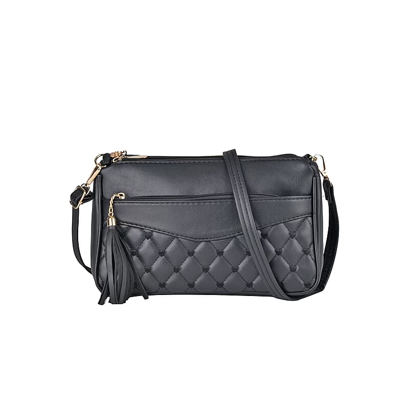 Black Faux Leather Quilted Pattern Crossbody Bag with Detachable Shoulder Strap