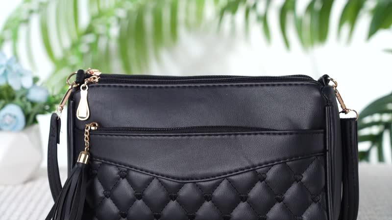 Black Faux Leather Quilted Pattern Crossbody Bag (9.8"x2.7"x6.3") with Detachable Shoulder Strap (63")