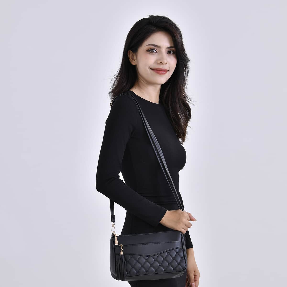 Black Faux Leather Quilted Pattern Crossbody Bag with Detachable Shoulder Strap image number 1