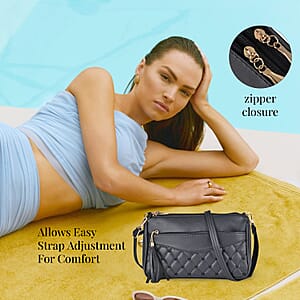 Black Faux Leather Quilted Pattern Crossbody Bag with Detachable Shoulder Strap