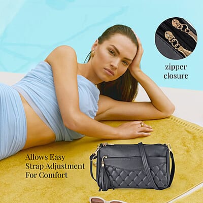 Black Faux Leather Quilted Pattern Crossbody Bag with Detachable Shoulder Strap