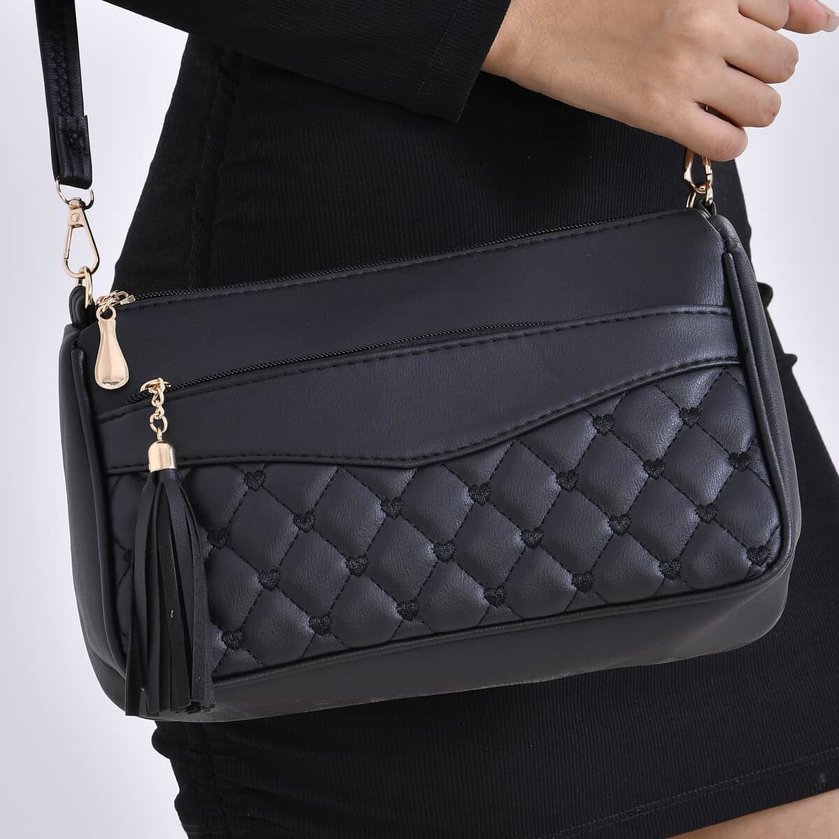 Black Faux Leather Quilted Pattern Crossbody Bag with Detachable Shoulder Strap image number 2