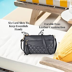 Black Faux Leather Quilted Pattern Crossbody Bag with Detachable Shoulder Strap