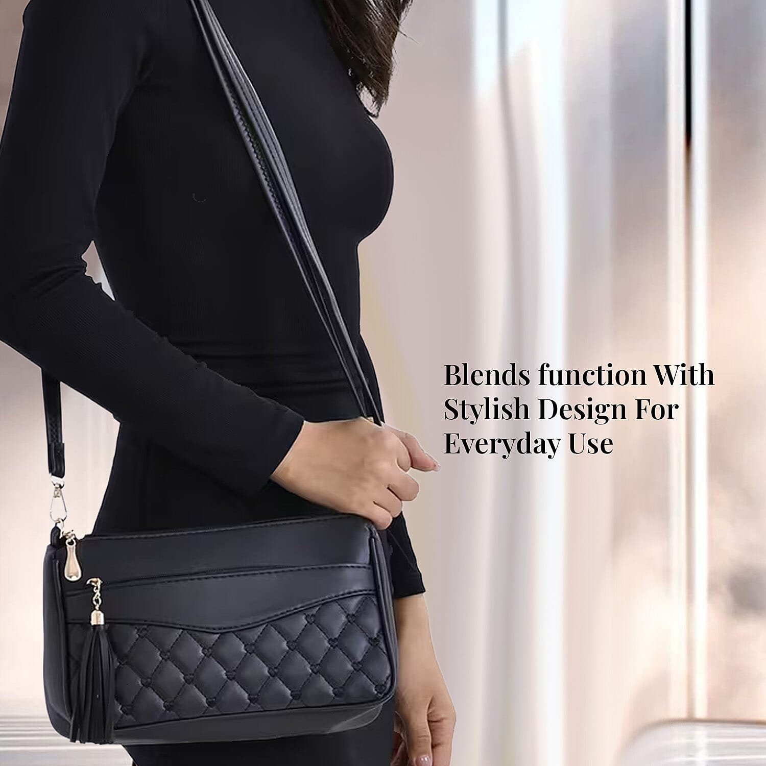 Buy Black Faux Leather Quilted Pattern Crossbody Bag with