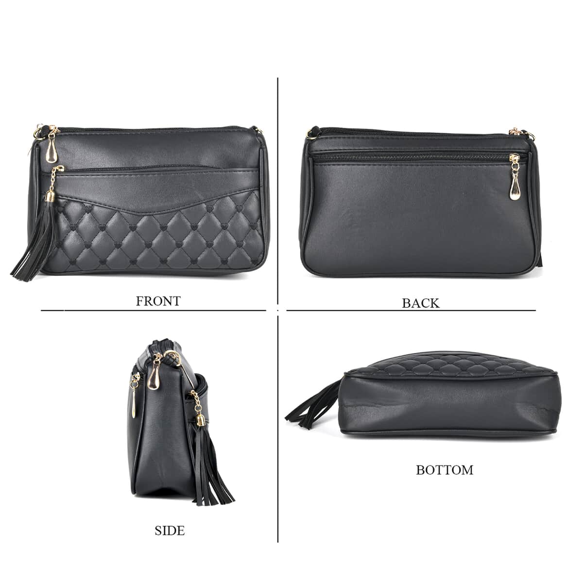 Black Faux Leather Quilted Pattern Crossbody Bag with Detachable Shoulder Strap image number 3