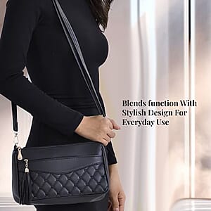 Black Faux Leather Quilted Pattern Crossbody Bag with Detachable Shoulder Strap