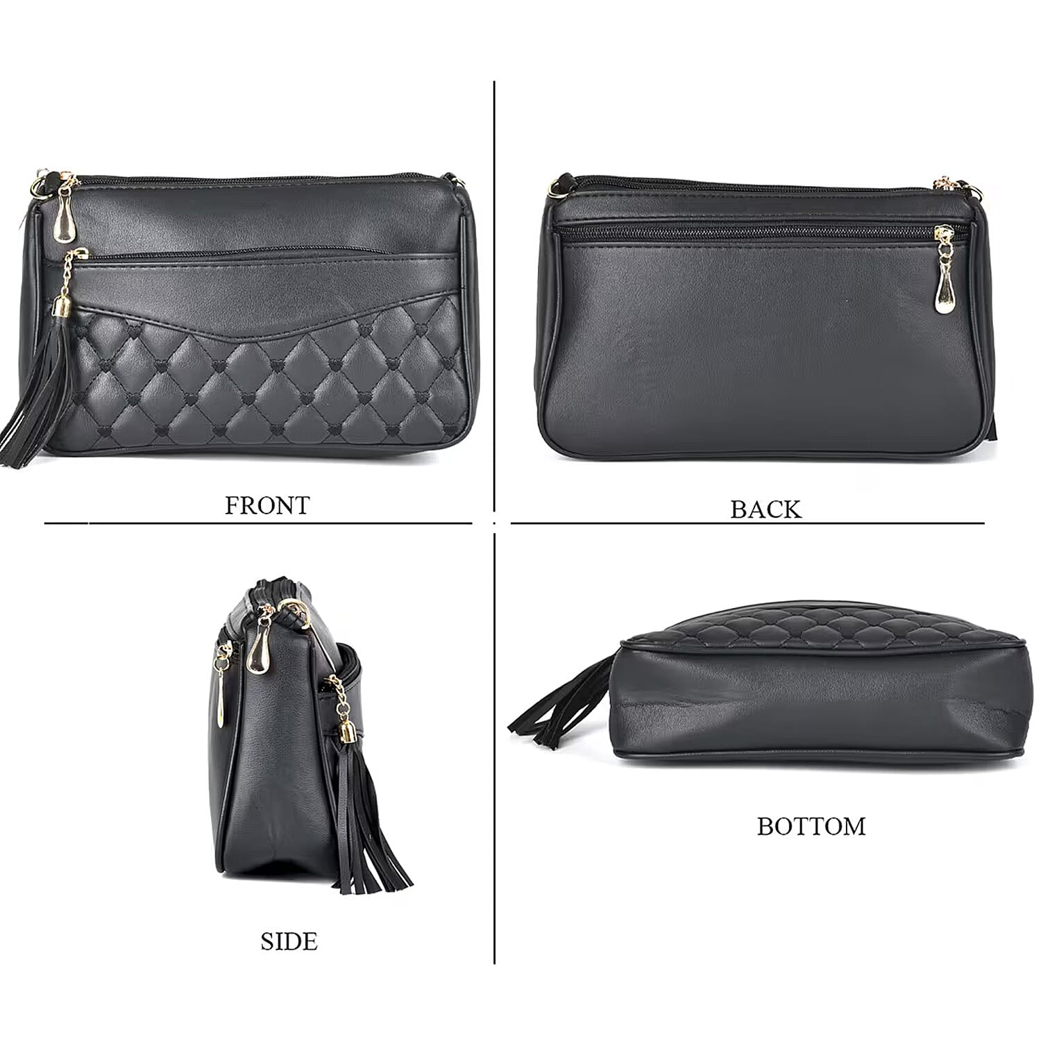 Black Faux Leather Quilted Pattern Crossbody Bag with Detachable Shoulder Strap