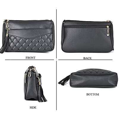 Black Faux Leather Quilted Pattern Crossbody Bag with Detachable Shoulder Strap