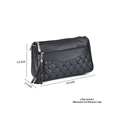Black Faux Leather Quilted Pattern Crossbody Bag with Detachable Shoulder Strap