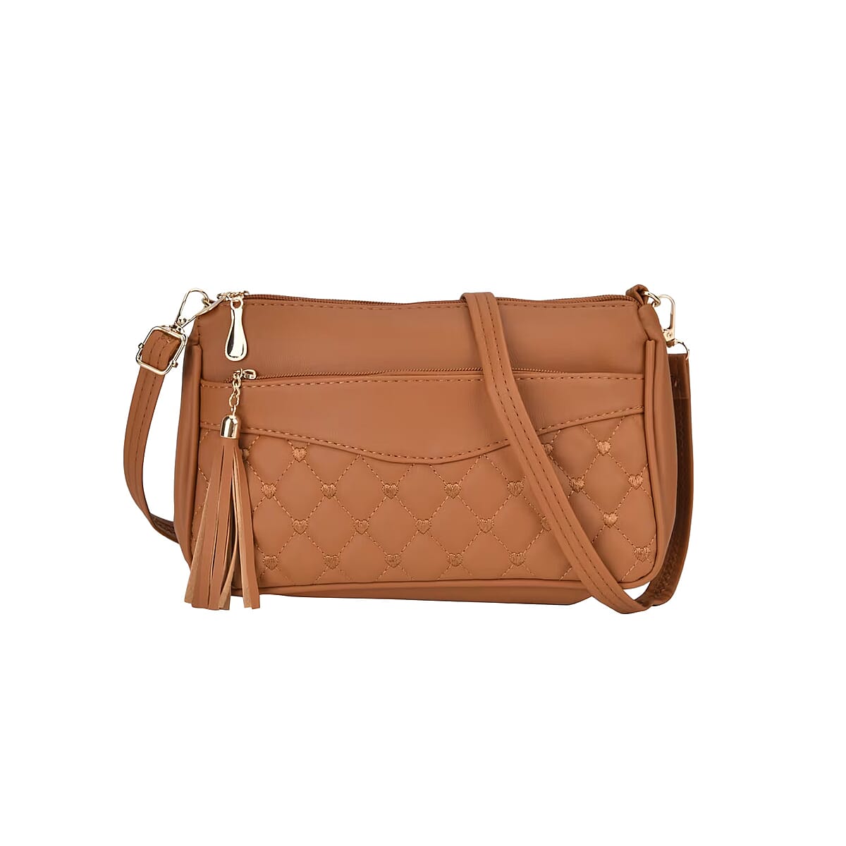 Brown Faux Leather Quilted Pattern Crossbody Bag with Detachable Shoulder Strap image number 0