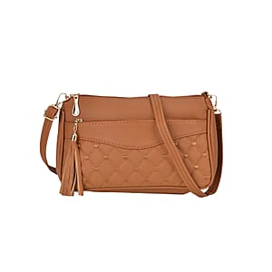 Brown Faux Leather Quilted Pattern Crossbody Bag with Detachable Shoulder Strap