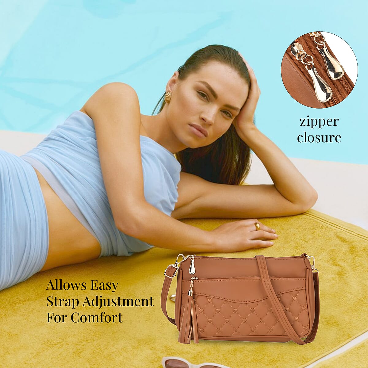 Brown Faux Leather Quilted Pattern Crossbody Bag with Detachable Shoulder Strap image number 1