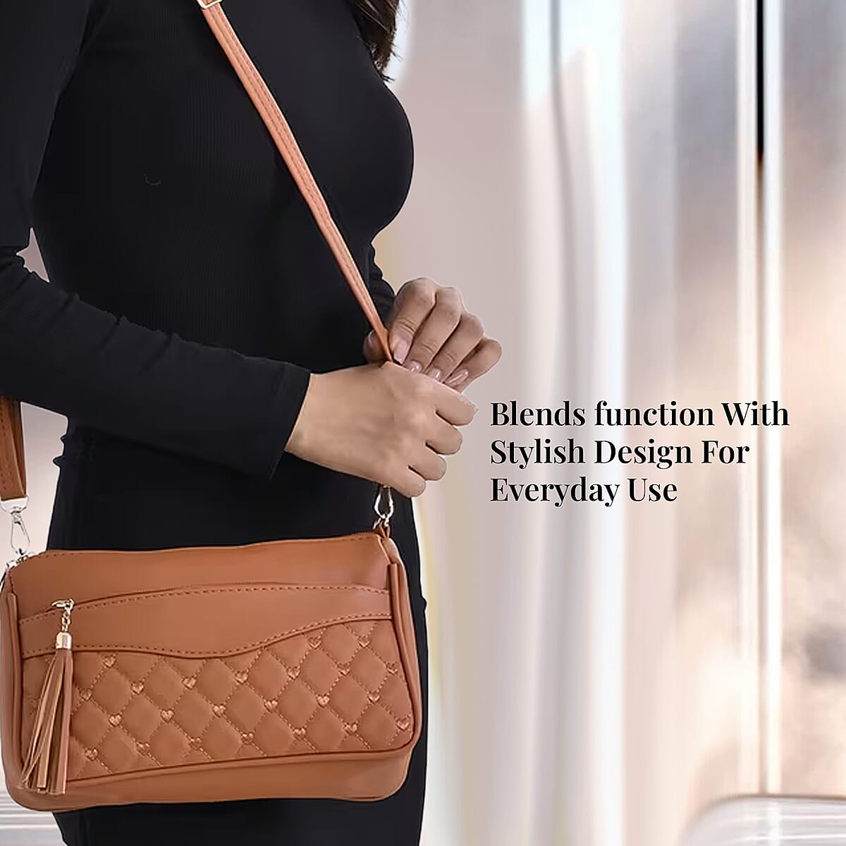 Brown Faux Leather Quilted Pattern Crossbody Bag with Detachable Shoulder Strap image number 2