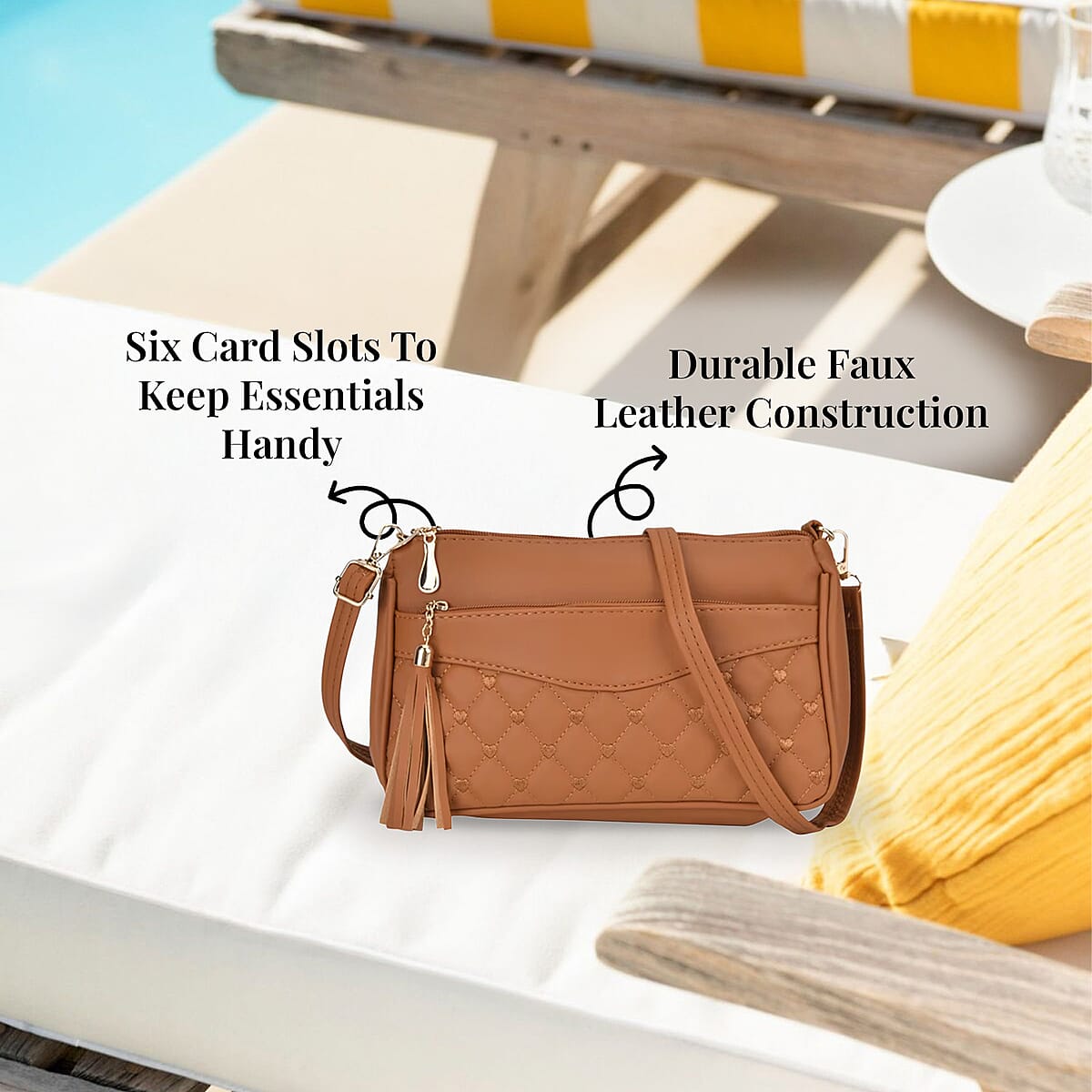 Brown Faux Leather Quilted Pattern Crossbody Bag with Detachable Shoulder Strap image number 3