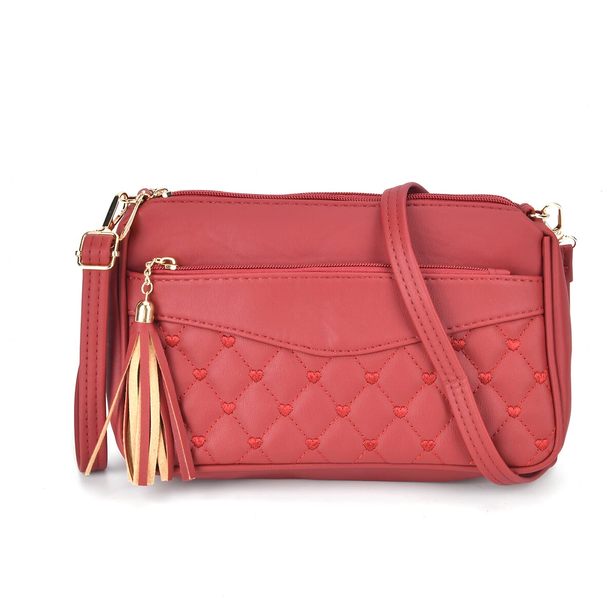Red Faux Leather Quilted Pattern Crossbody Bag with Detachable Shoulder Strap image number 0