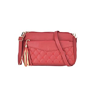 Red Faux Leather Quilted Pattern Crossbody Bag with Detachable Shoulder Strap