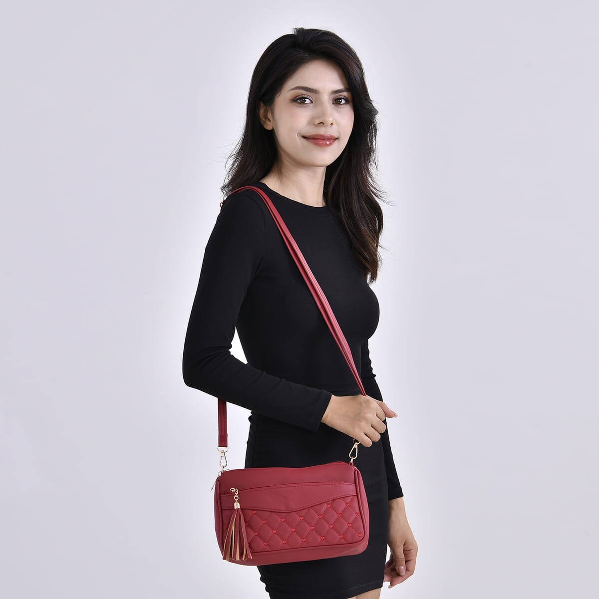 Red Faux Leather Quilted Pattern Crossbody Bag with Detachable Shoulder Strap image number 1