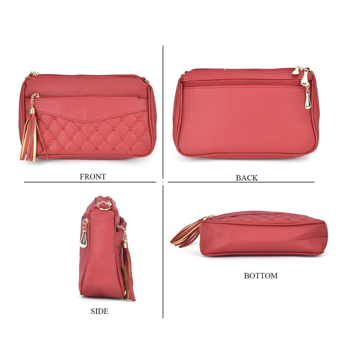 Red Faux Leather Quilted Pattern Crossbody Bag with Detachable Shoulder Strap image number 3