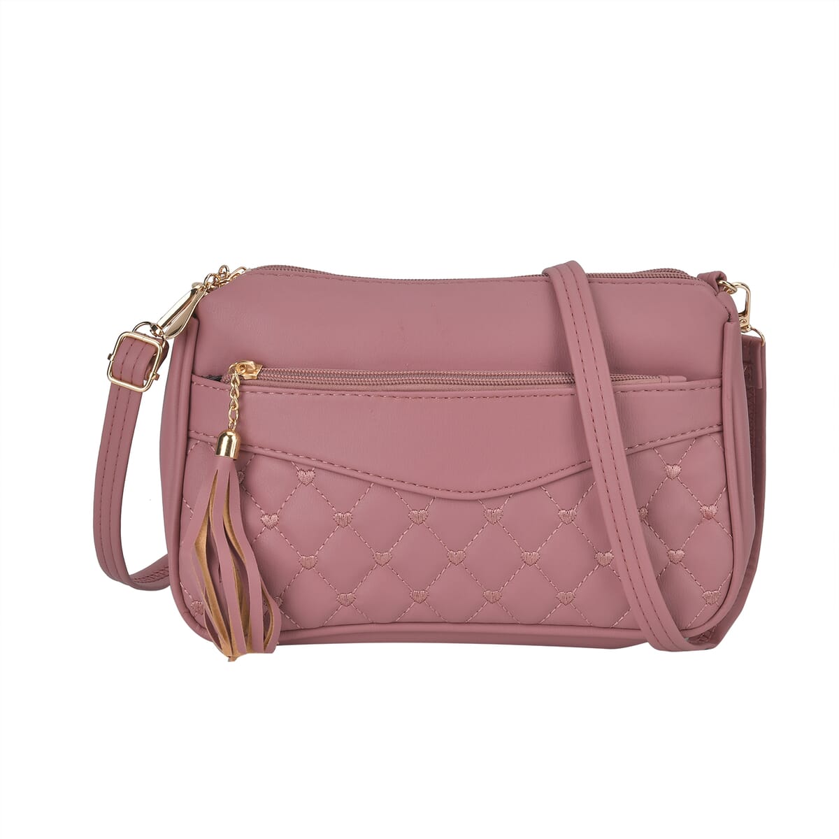 Pink Faux Leather Quilted Pattern Crossbody Bag with Detachable Shoulder Strap image number 0