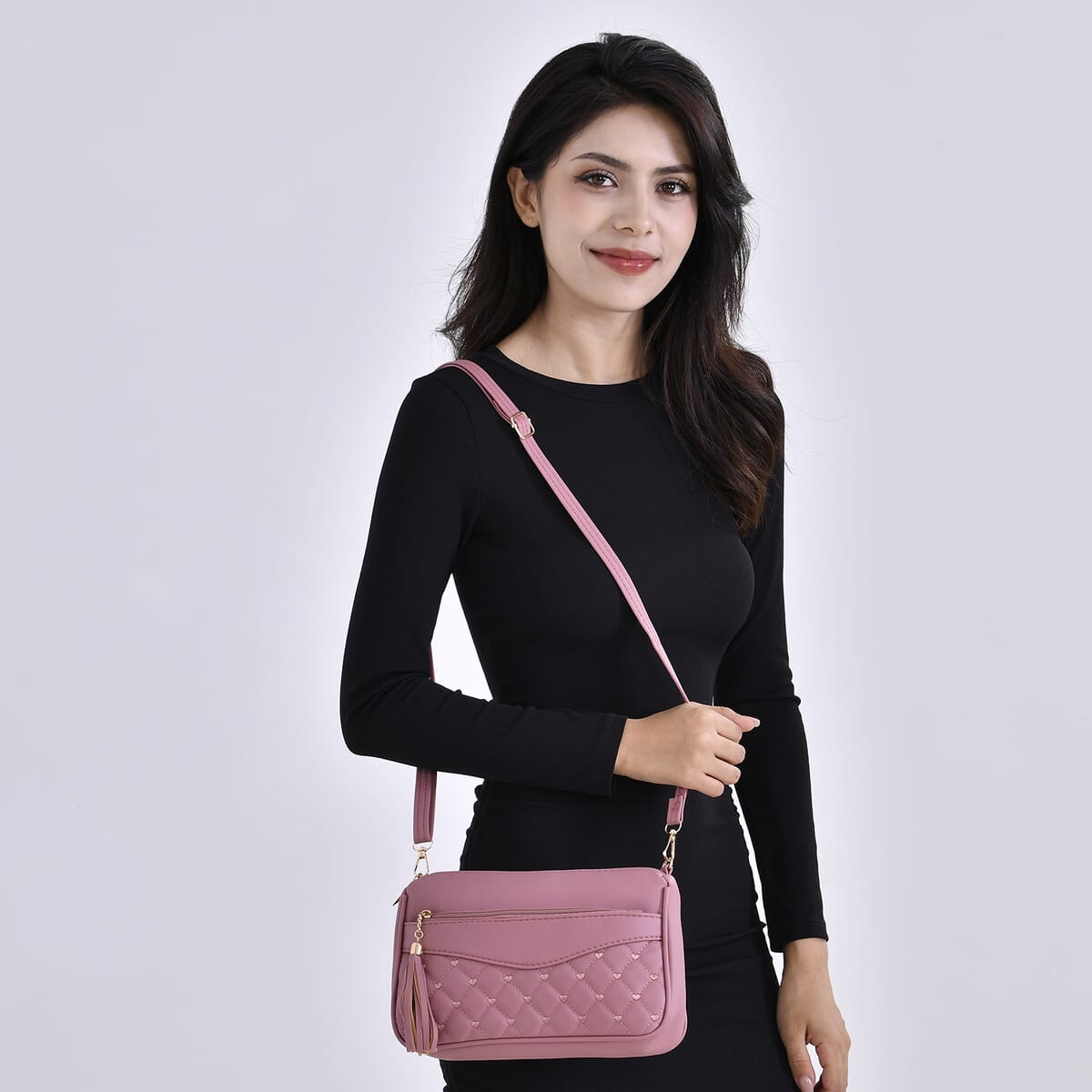 Pink Faux Leather Quilted Pattern Crossbody Bag with Detachable Shoulder Strap image number 1