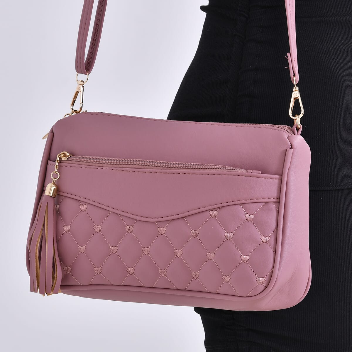 Pink Faux Leather Quilted Pattern Crossbody Bag with Detachable Shoulder Strap image number 2