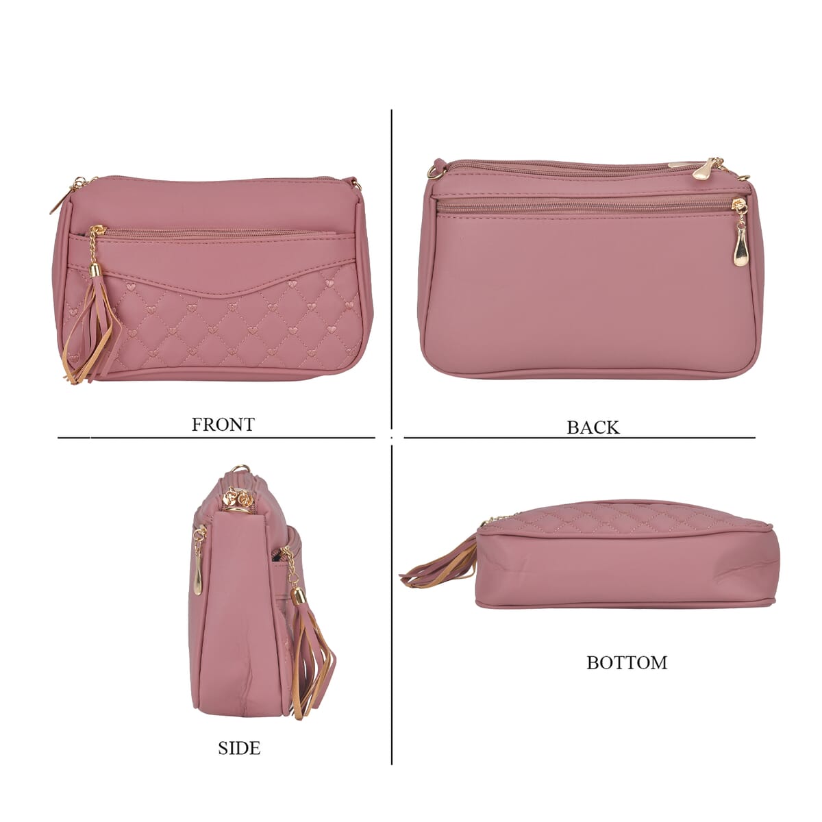 Pink Faux Leather Quilted Pattern Crossbody Bag with Detachable Shoulder Strap image number 3